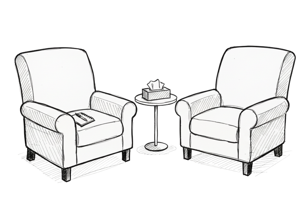 In-person therapy seating illustration with comfortable chairs for counseling sessions in Denver