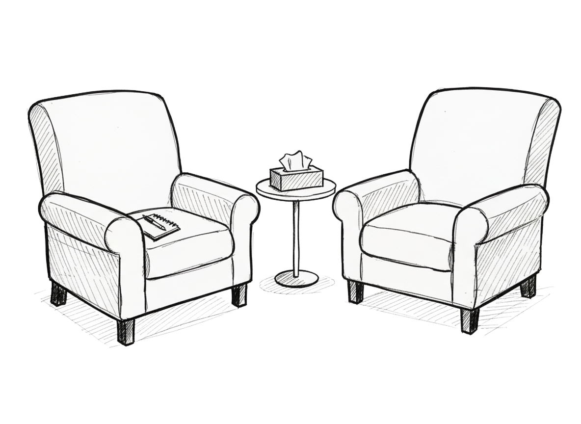 In-person therapy seating illustration with comfortable chairs for counseling sessions in Denver