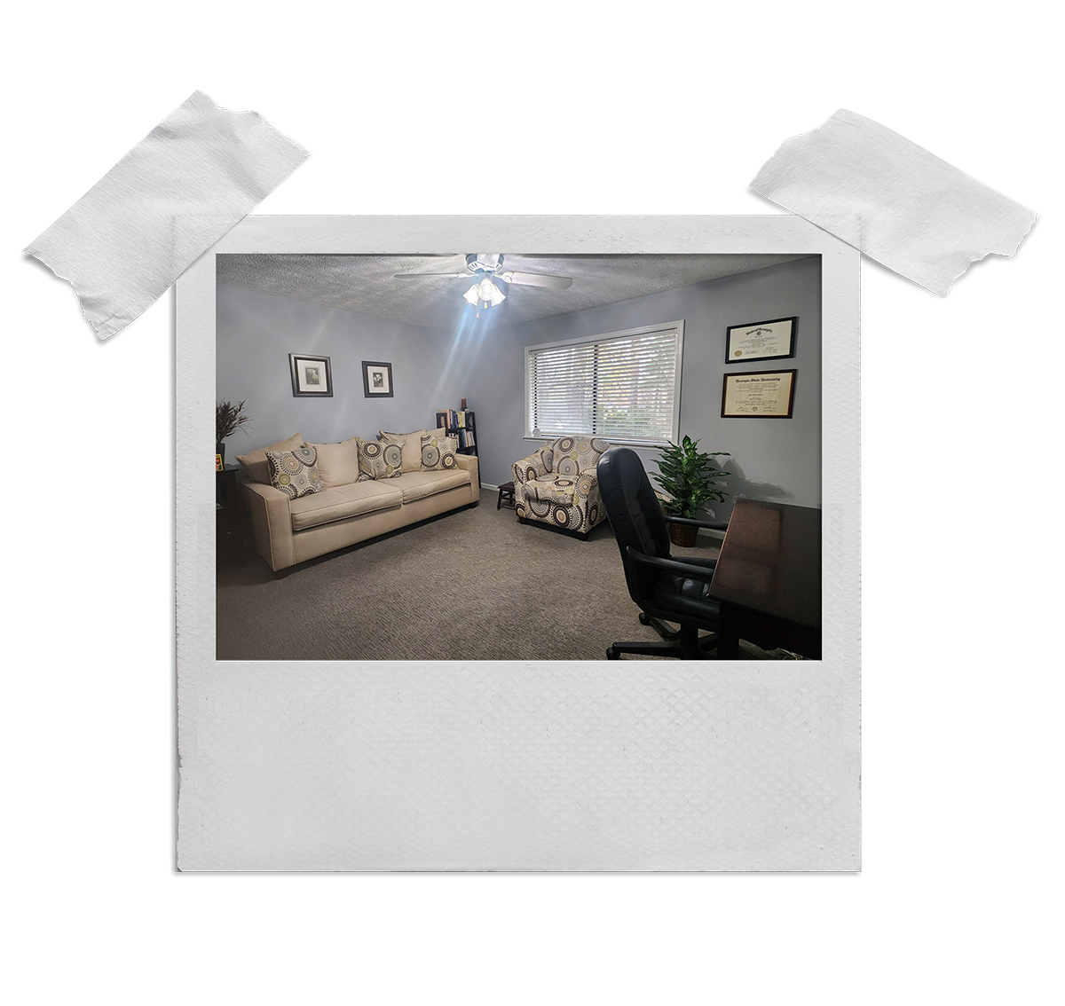 Comfortable therapy office in Denver with beige sofa and natural lighting for counseling sessions